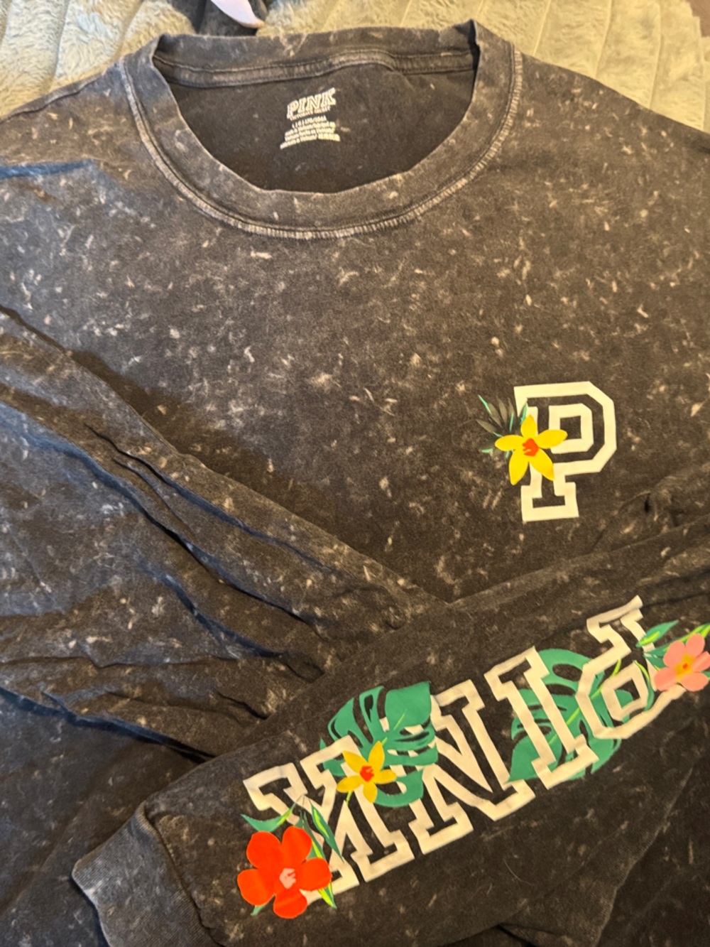 PINK Victoria's Secret Black Mineral-Wash Pullover with Floral Logos